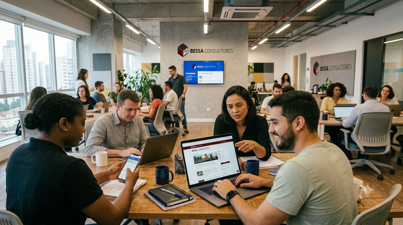 Equipe da Bessa Consultores trabalhando com a intranet no escritório