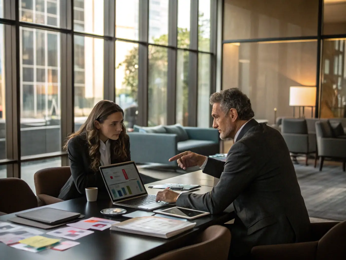A professional image showing a consultant presenting a digital transformation strategy to a client in a modern office setting.