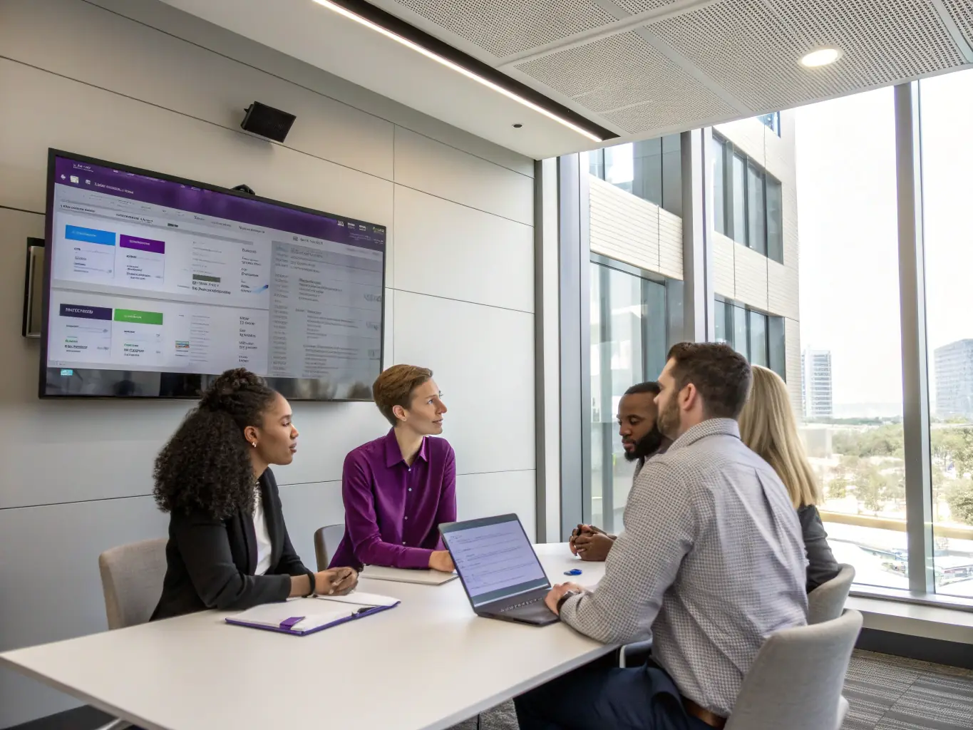 A visually appealing image depicting a diverse team collaborating seamlessly on a project through a modern intranet interface, showcasing real-time communication and document sharing.