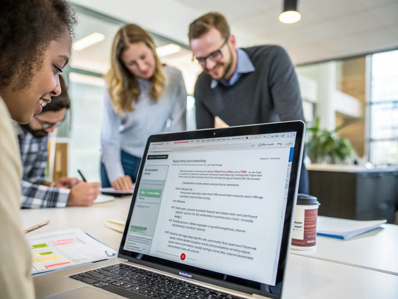 A modern office environment with employees collaborating on a SharePoint intranet, showcasing document sharing and real-time communication.