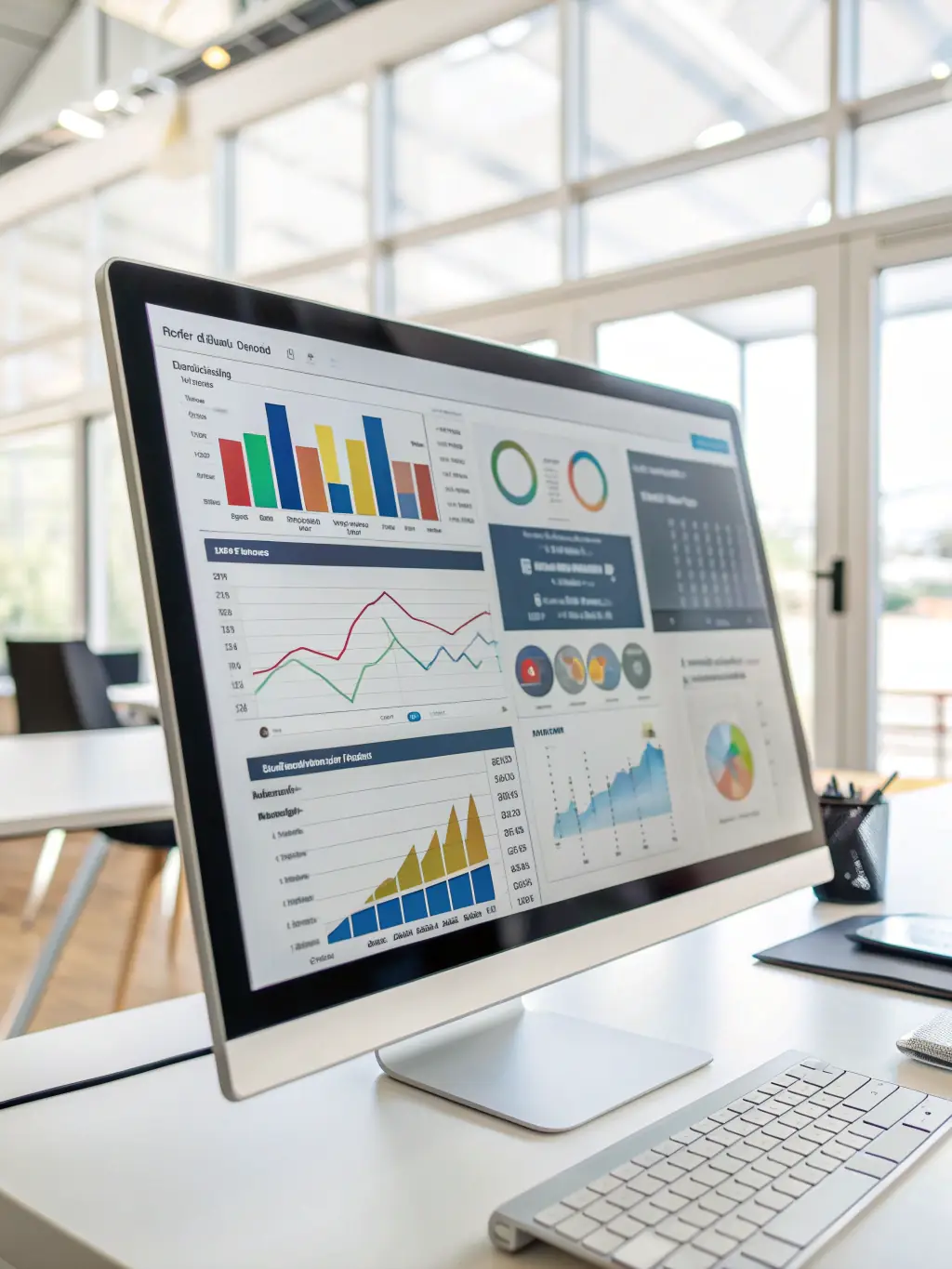 A data analyst using Power BI to create interactive dashboards and visualizations from complex datasets, highlighting Bessa Consultores' Power BI training for data-driven decision-making.