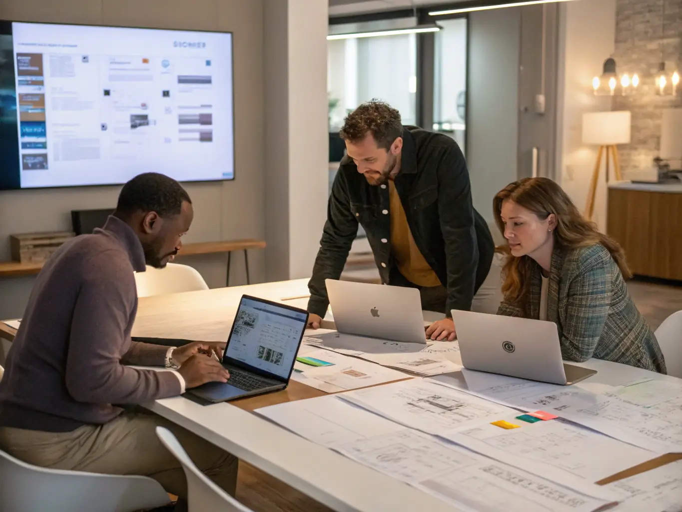 A team collaborating around a table, using MS Project on a laptop to discuss project timelines and tasks, emphasizing the collaborative features of the software.