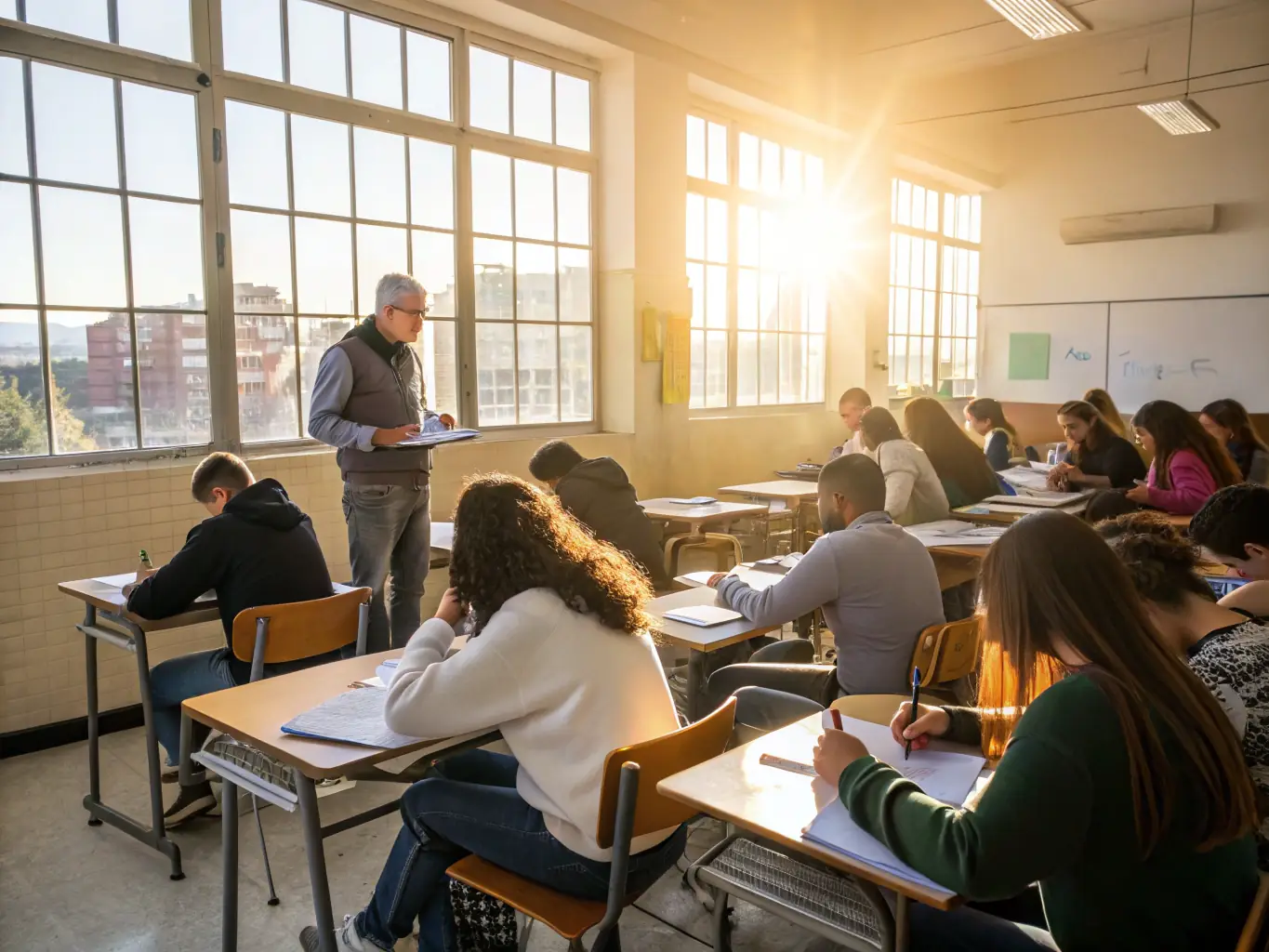 A photograph of a modern classroom setting with students actively participating in a Microsoft Project training session, led by an instructor. The scene should convey engagement and collaboration.
