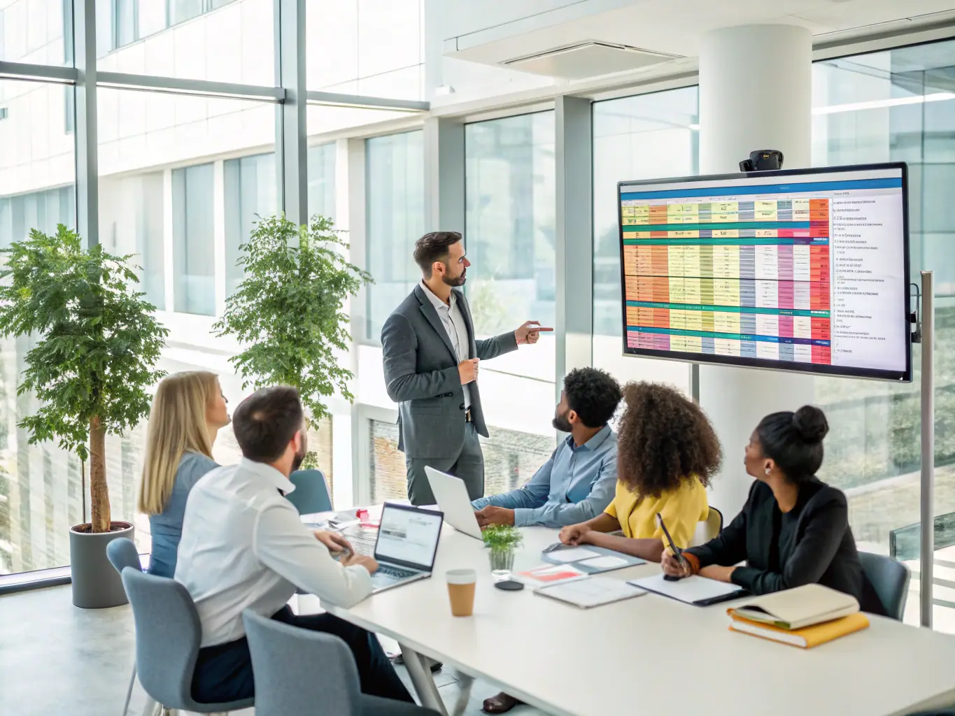 A project manager reviewing a Gantt chart on a computer screen, showcasing the detailed planning and scheduling capabilities of MS Project, in a modern office environment.