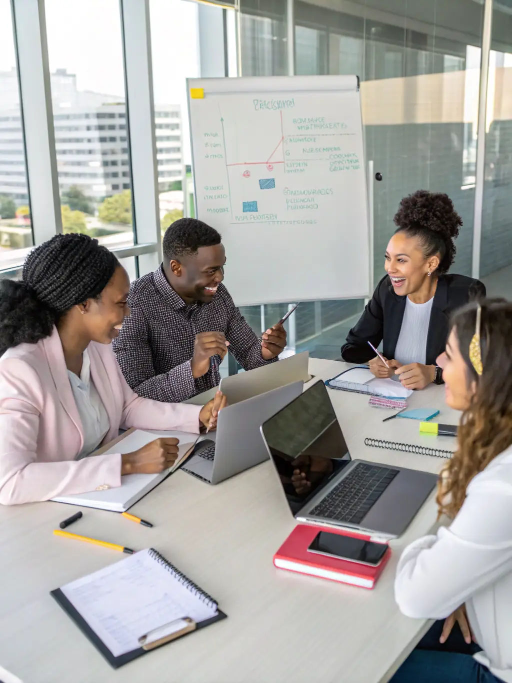 A diverse group of professionals collaborating on a project plan using MS Project, highlighting the software's collaborative features and its ability to streamline teamwork.