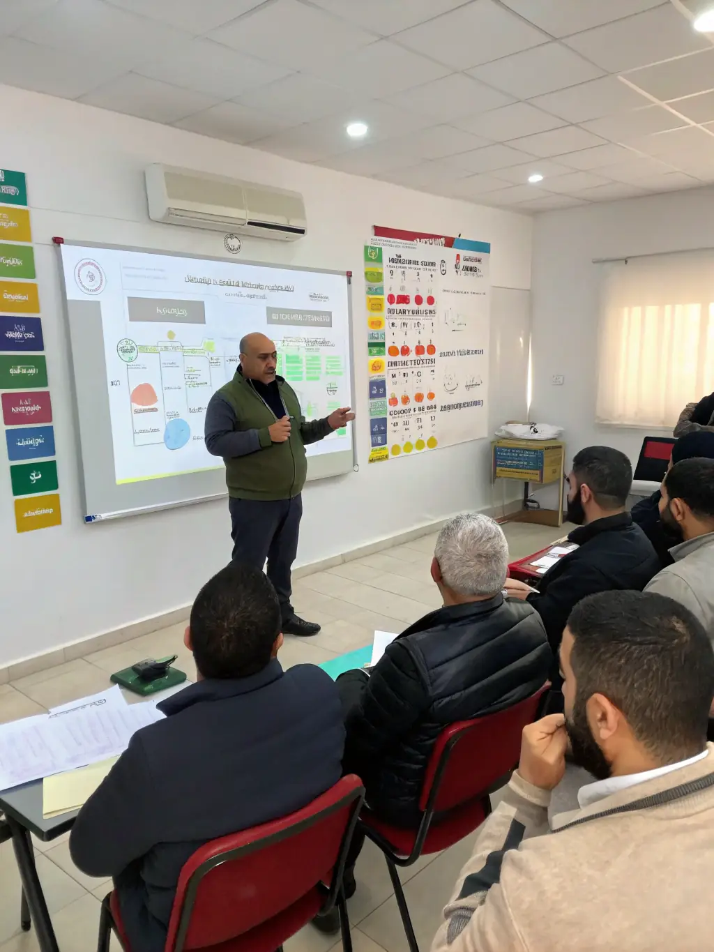 A consultant is leading a training session on MS Project, with participants actively engaged and working on their laptops, showcasing hands-on learning.