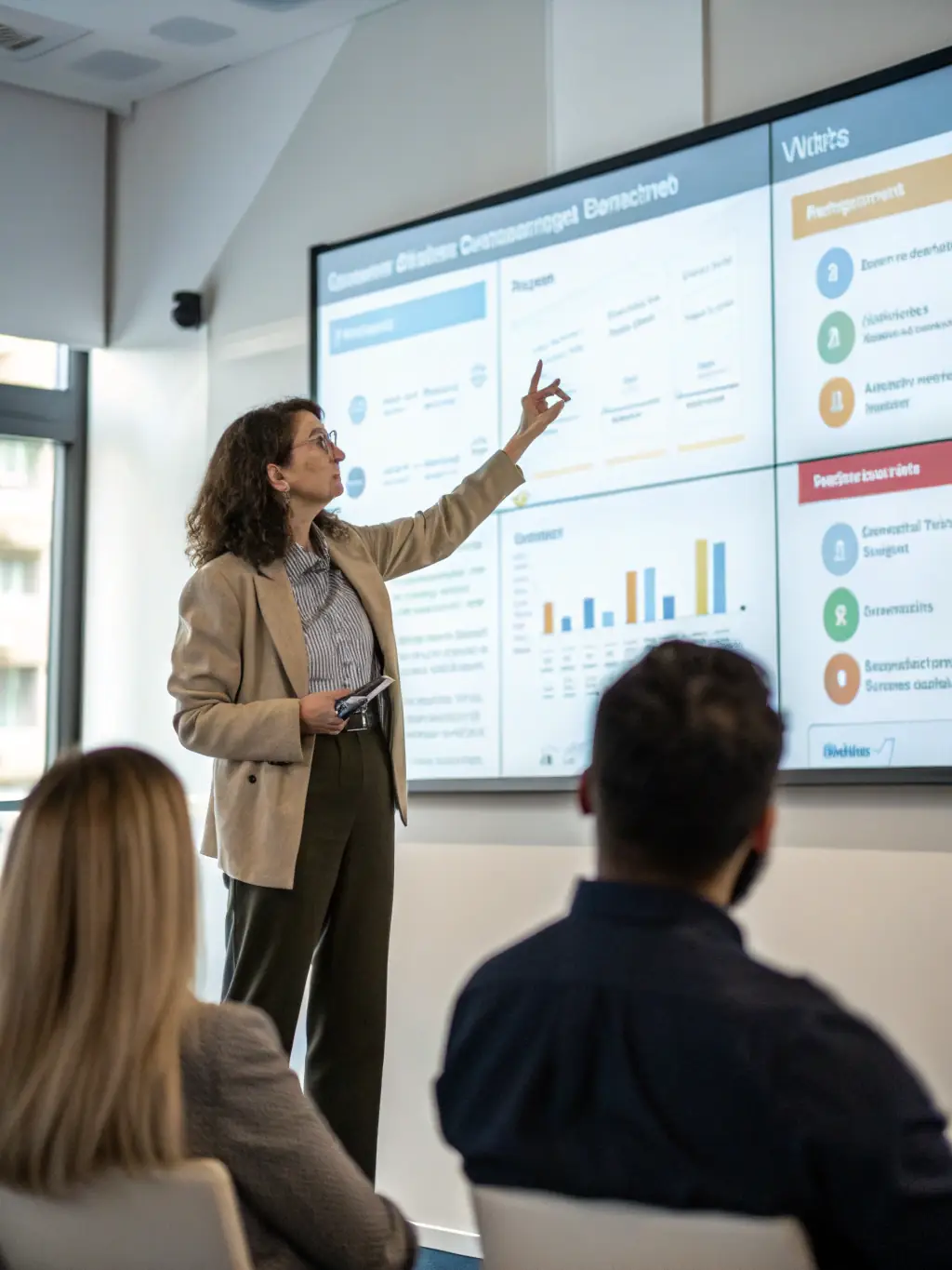 A professional instructor with a Microsoft certification badge, teaching MS Project to a group of attentive students in a modern classroom setting, emphasizing hands-on learning.