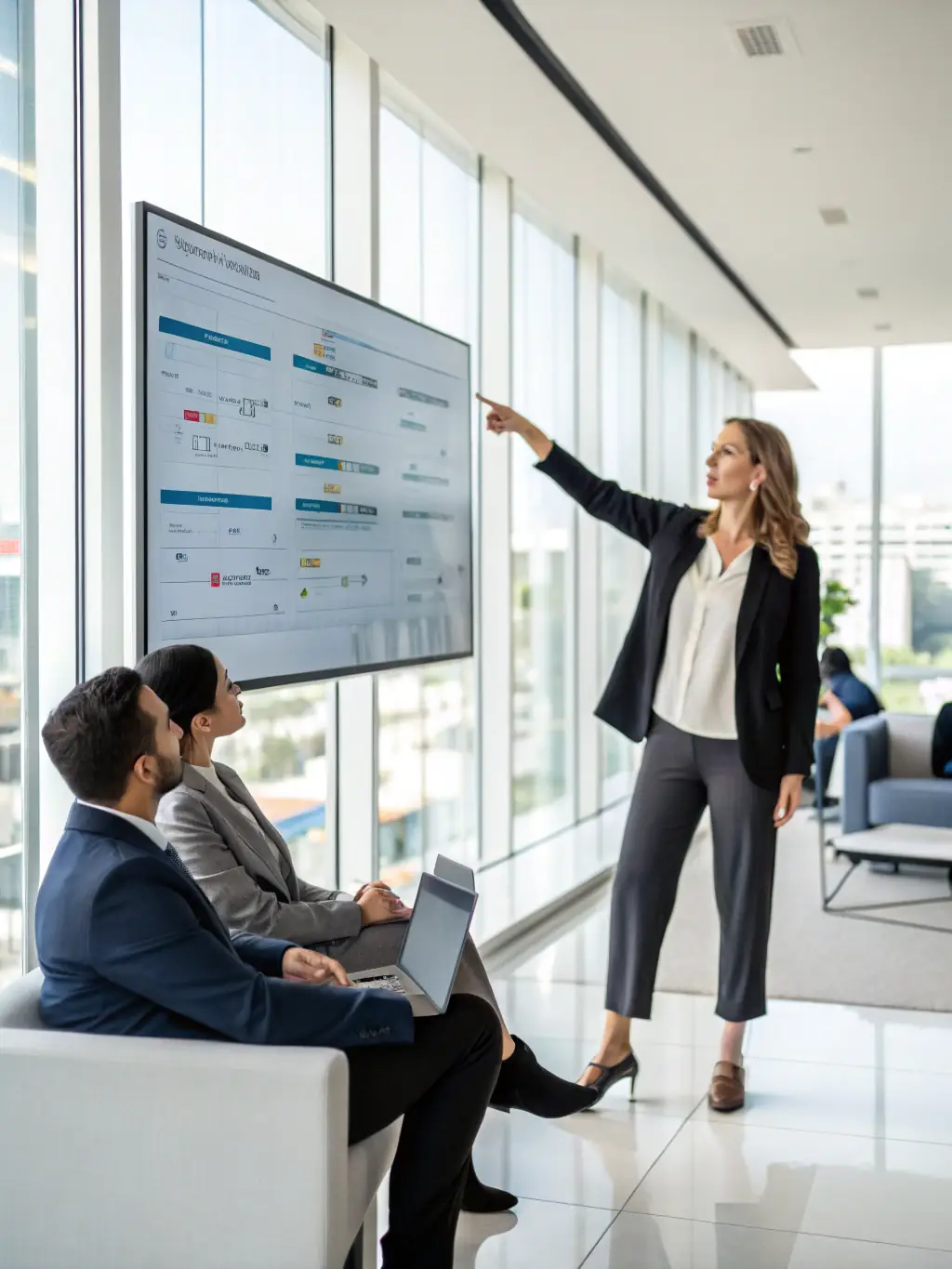 A business intelligence professional presenting a dynamic Power BI dashboard to stakeholders, highlighting key performance indicators and trends in a visually appealing manner.