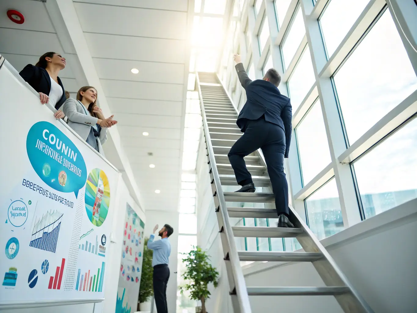 A person confidently climbing a career ladder, with each step representing a new skill or achievement gained through training and development.