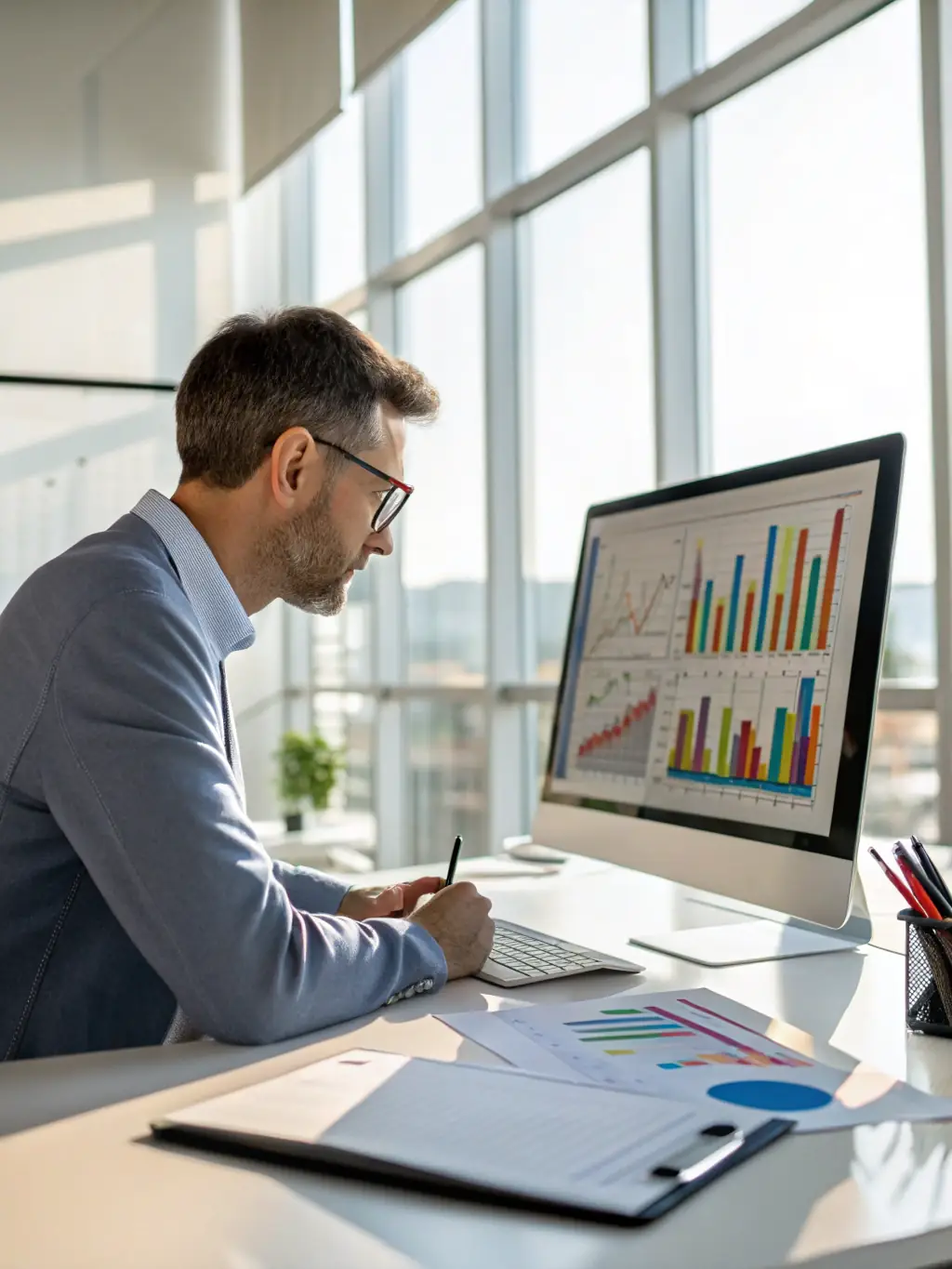 An expert data analyst using Excel to create insightful charts and graphs from a large dataset, demonstrating the power of data-driven decision-making in a corporate environment.
