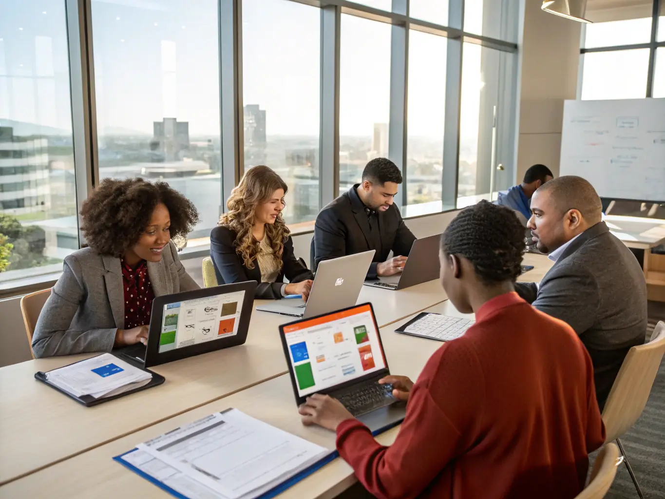 A team collaborating on SharePoint, accessing and sharing documents, with a focus on teamwork and efficient document management in a modern office setting.