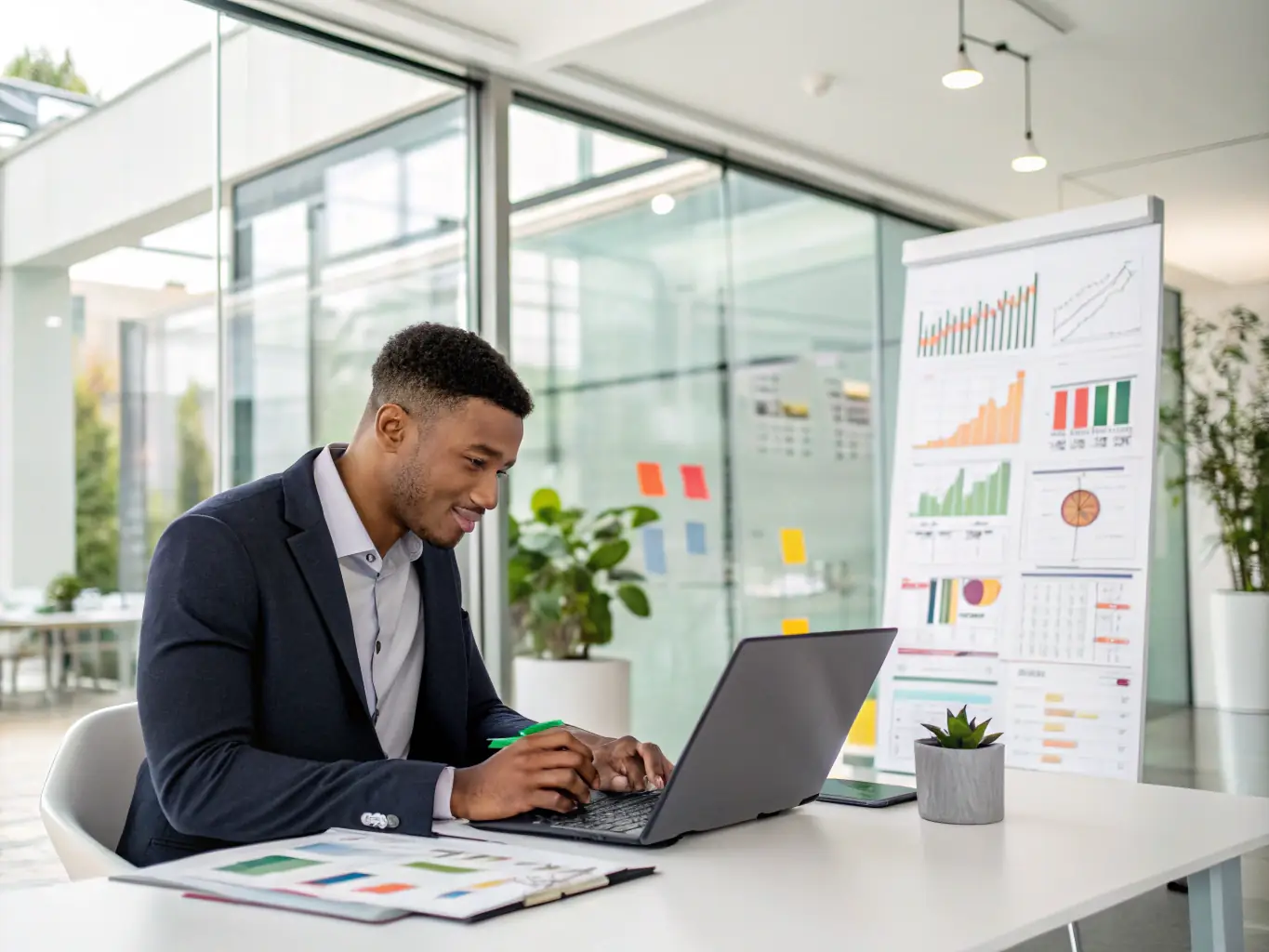 A professional in a modern office setting is deeply focused on a computer screen, with charts and data visualizations displayed, symbolizing enhanced analytical skills and data-driven decision-making.