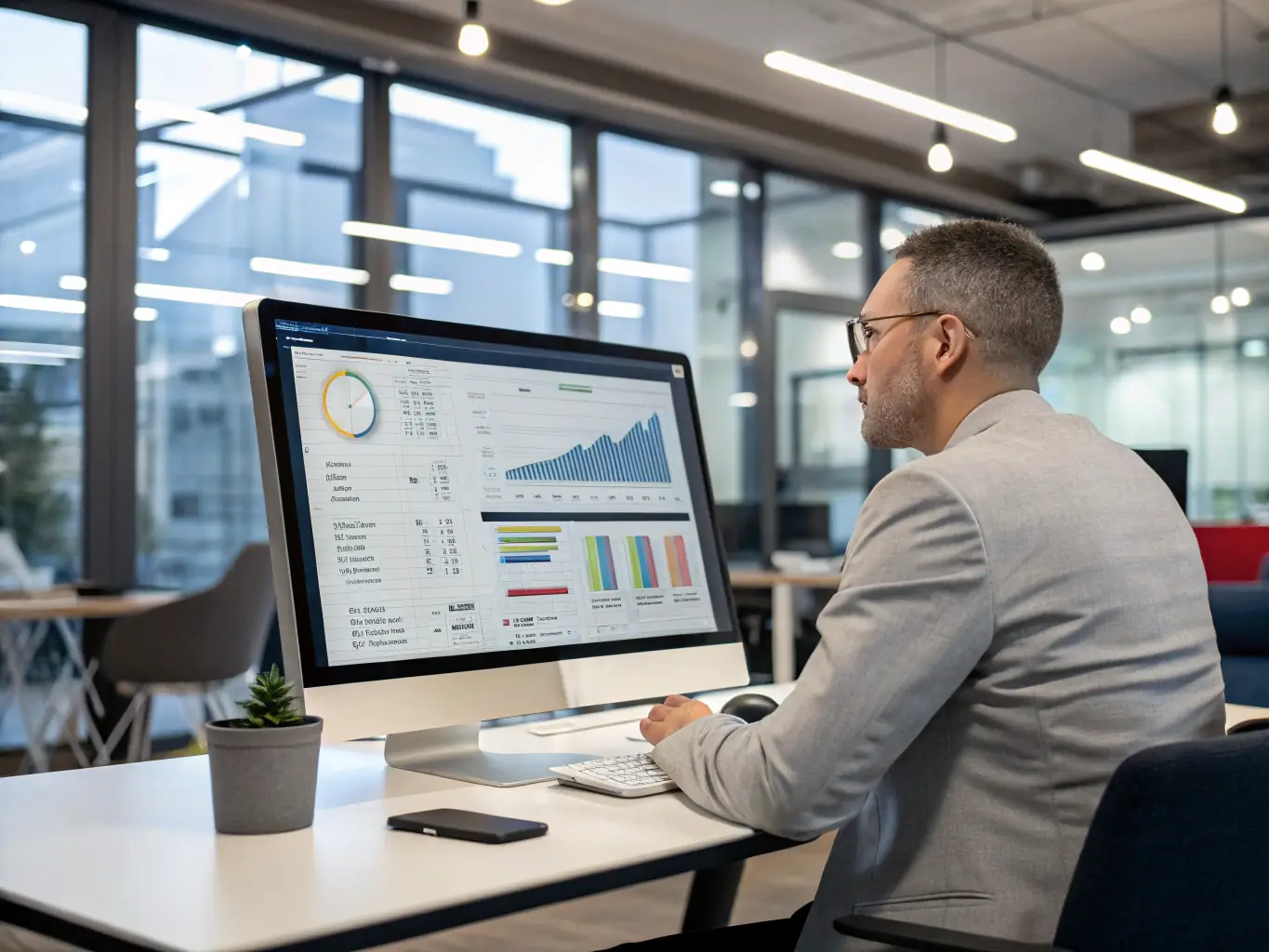 A professional using Microsoft Project software on a desktop computer, focusing on project scheduling and task management, with a clean and modern office environment in the background.