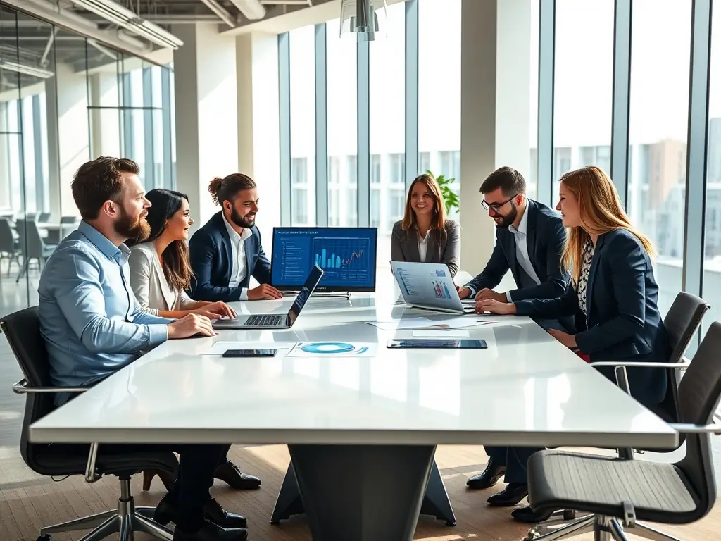 A team of professionals collaborating around a digital whiteboard, brainstorming and strategizing, representing increased productivity and efficient teamwork.