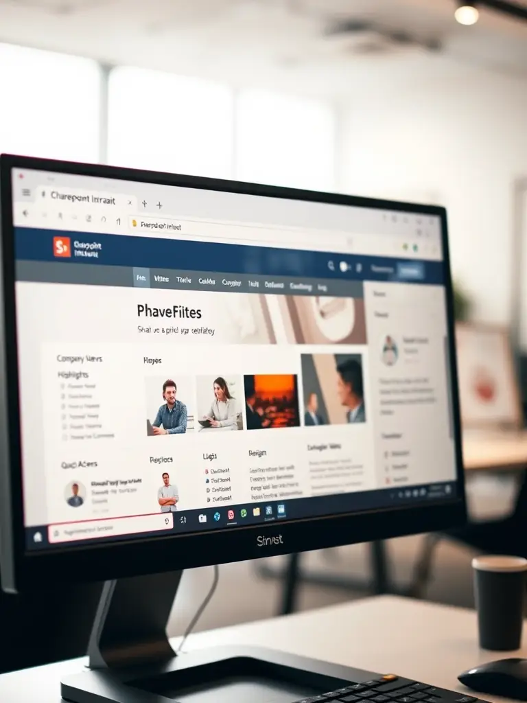 A well-organized SharePoint intranet homepage with clear navigation, featuring company news, employee spotlights, and quick links to essential resources, reflecting a user-friendly interface.