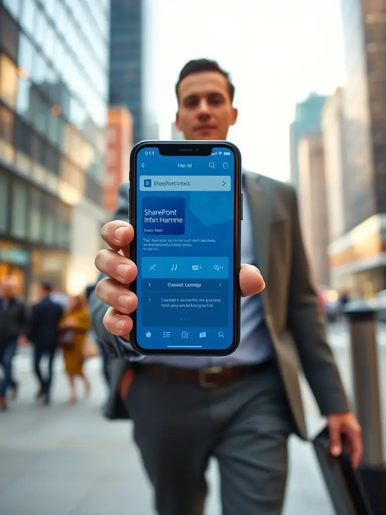 A Bessa Consultores employee accessing the SharePoint intranet on a mobile device while traveling, highlighting the platform's accessibility and flexibility for remote workers.