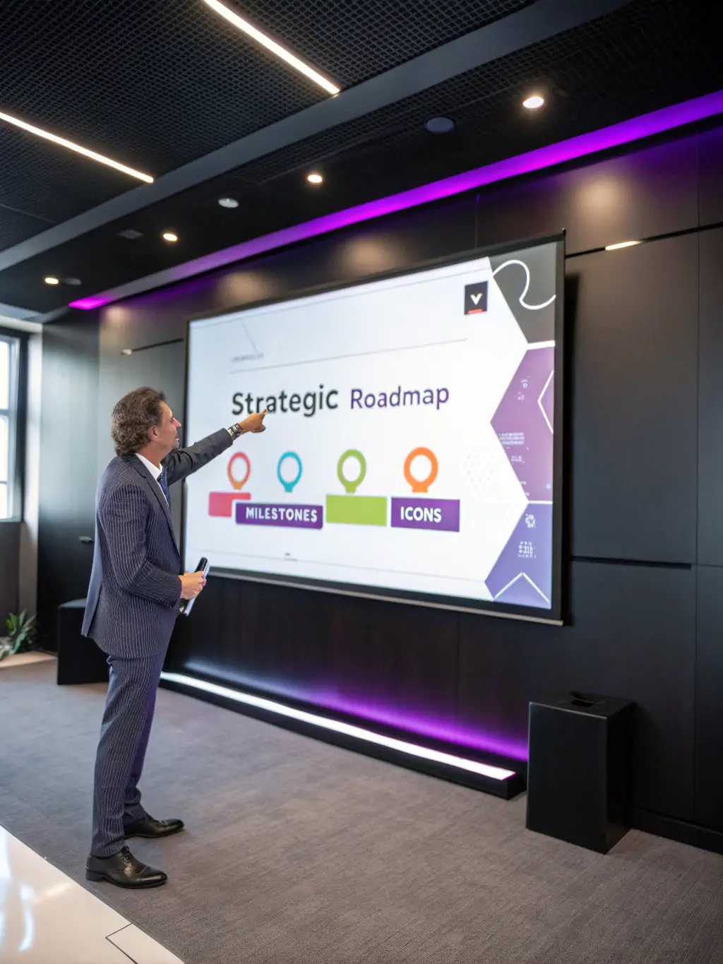 A Bessa Consultores consultant presenting a SharePoint intranet solution to a client, demonstrating the platform's features and benefits on a large screen in a conference room.