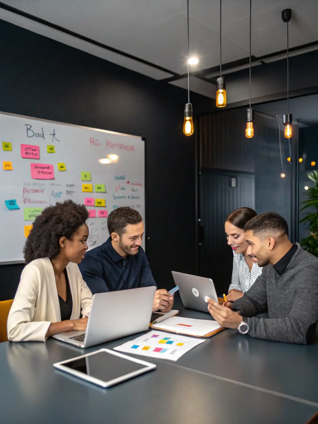 A diverse team of Bessa Consultores employees collaborating on a SharePoint intranet project, brainstorming ideas on a whiteboard in a modern office setting, showcasing teamwork and innovation.